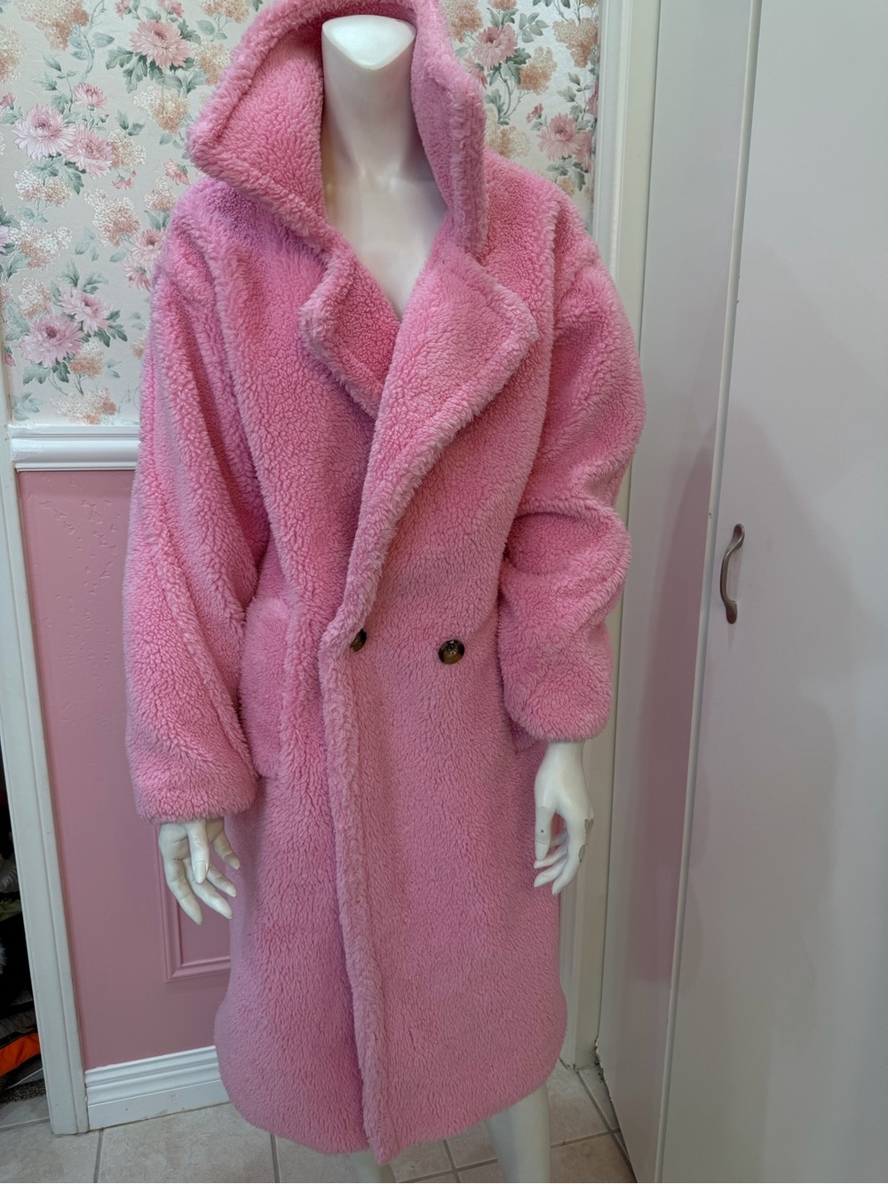 Fashion Nova Pink Plush Teddy Long Coat with Hood